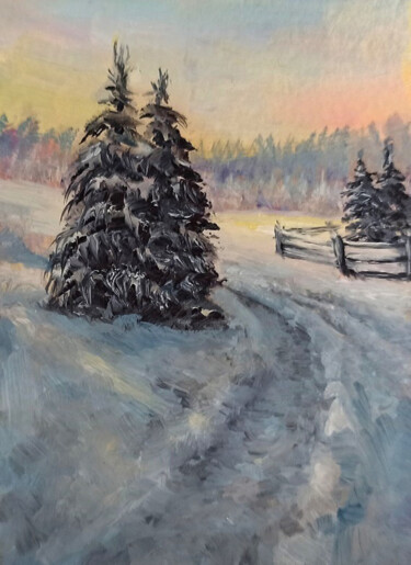 Malerei mit dem Titel "Winter road miniatu…" von Natalja Picugina, Original-Kunstwerk, Öl