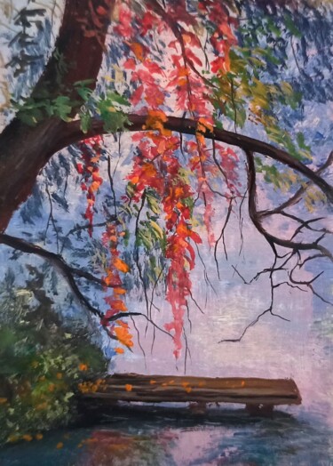 Peinture intitulée "River Autumn oil mi…" par Natalja Picugina, Œuvre d'art originale, Huile