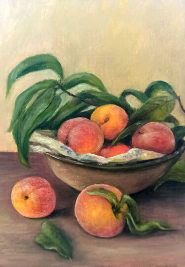 Schilderij getiteld "Peaches in the bowl…" door Natalja Picugina, Origineel Kunstwerk, Olie