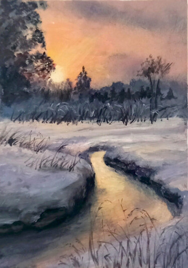 Malerei mit dem Titel "Winter evening mini…" von Natalja Picugina, Original-Kunstwerk, Öl