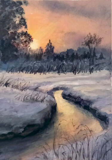 Pittura intitolato "Winter evening mini…" da Natalja Picugina, Opera d'arte originale, Olio