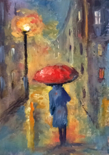 Schilderij getiteld "Rainy day with red…" door Natalja Picugina, Origineel Kunstwerk, Olie