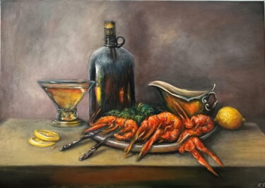 Painting titled "Wine and red crayfi…" by Natalja Picugina, Original Artwork, Oil