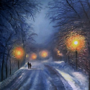 Schilderij getiteld "Winter night walk o…" door Natalja Picugina, Origineel Kunstwerk, Olie