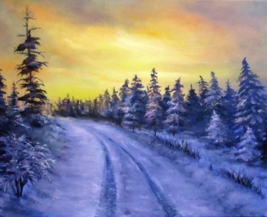 Ζωγραφική με τίτλο "Winter sunset road…" από Natalja Picugina, Αυθεντικά έργα τέχνης, Λάδι