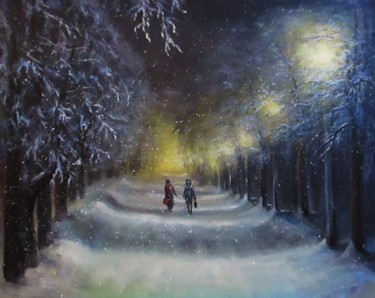 Schilderij getiteld "Night lights winter…" door Natalja Picugina, Origineel Kunstwerk, Olie