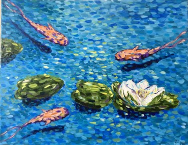 Pintura titulada ""Золотые рыбки и ли…" por Anastasiia Kuznetsova, Obra de arte original, Oleo
