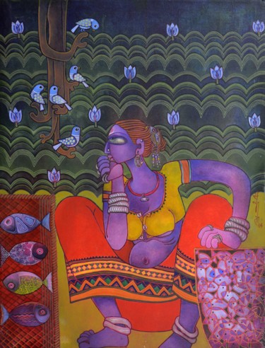 Painting titled "Fish seller" by Sunita Dinda, Original Artwork, Acrylic