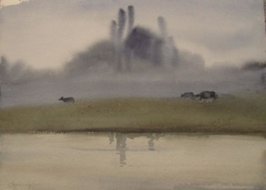 Peinture intitulée "Pastures" par Sumantra, Œuvre d'art originale, Aquarelle