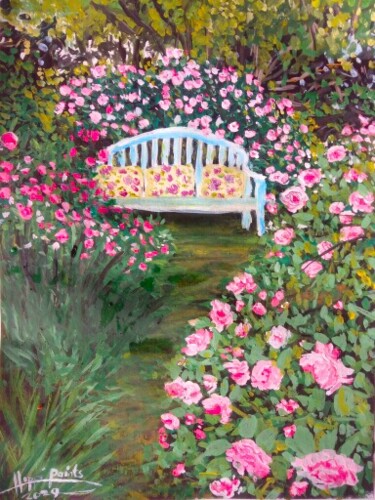 Painting titled "Garden of pink roses" by Sunshine Amos, Original Artwork, Acrylic