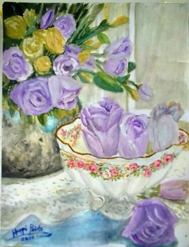 Painting titled "Purple Roses" by Sunshine Amos, Original Artwork, Gouache