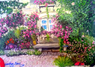 Painting titled "Cottage with the ga…" by Sunshine Amos, Original Artwork, Acrylic