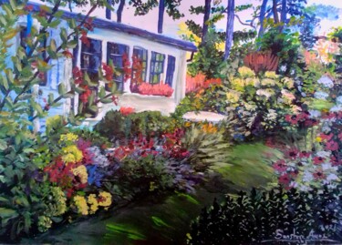 Pintura intitulada "Farmhouse with gard…" por Sunshine Amos, Obras de arte originais, Acrílico