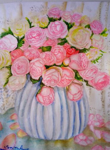 Painting titled "Lots of Pink Roses…" by Sunshine Amos, Original Artwork, Watercolor
