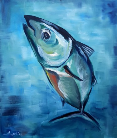 Painting titled "Fish in blue" by Suntola, Original Artwork, Oil