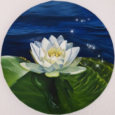 Painting titled "River lily." by Suntola, Original Artwork, Oil Mounted on Wood Stretcher frame