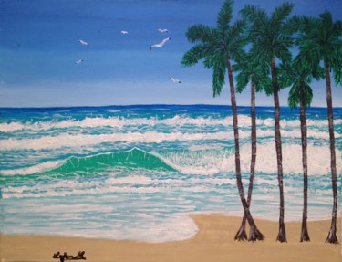 Peinture intitulée "Vagues et palmiers" par Sunwoo Ji, Œuvre d'art originale, Acrylique