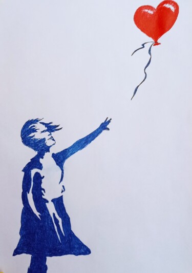Disegno intitolato "Девушка и шар" da Superbuper Super, Opera d'arte originale, Penna gel