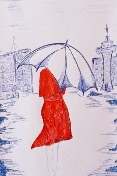 Рисунок под названием "Девушка с зонтом" - Superbuper Super, Подлинное произведение искусства, Гелевая ручка