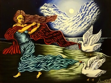 Malerei mit dem Titel "Lady And The Two Sw…" von Surajit Purkait, Original-Kunstwerk, Öl Auf Keilrahmen aus Holz montiert
