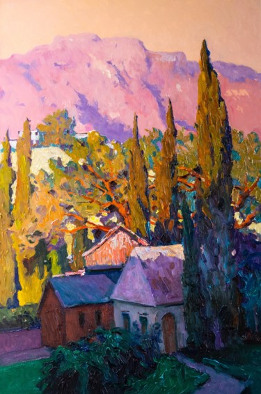 Mediterranean Landscape with Cypress Trees Painting titled "Mediterranean Lands…" by Suren Nersisyan, Original Art, Oil