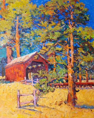 Painting titled "Red Barn and Pine T…" by Suren Nersisyan, Original Artwork, Oil Mounted on Wood Stretcher frame