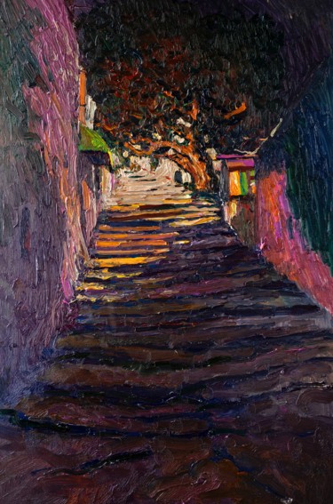 Painting titled "Night. Stairs and O…" by Suren Nersisyan, Original Artwork, Oil