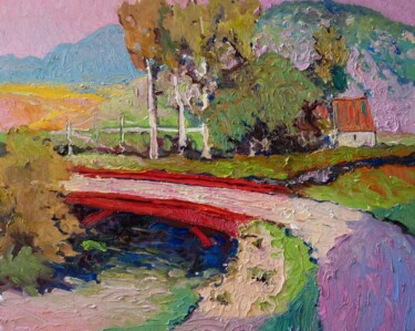 Landscape with Pink Sky and Red Bridge Painting titled "Landscape with Pink…" by Suren Nersisyan, Original Art, Oil Mounted on Stretcher frame