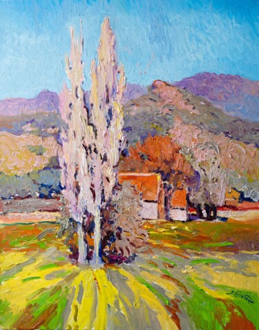 Landscape With Two Naked Poplars Pintura intitulada "Landscape With Two…" por Suren Nersisyan, Obras de arte originais, Óleo Montado em Maca de lona