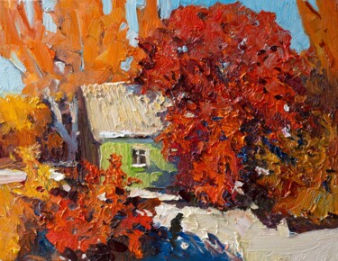 Landscape woith a Green House Painting titled "Landscape woith a G…" by Suren Nersisyan, Original Art, Oil Mounted on Stretcher frame