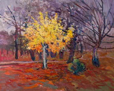 Painting titled "Only Yellow Tree in…" by Suren Nersisyan, Original Artwork, Oil Mounted on Wood Stretcher frame
