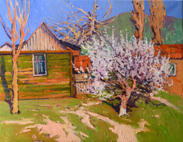 Painting titled "Wooden House and Bl…" by Suren Nersisyan, Original Artwork, Oil Mounted on Wood Stretcher frame