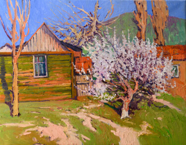 Wooden House and Blooming Tree Pintura titulada "Wooden House and Bl…" por Suren Nersisyan, Obra de arte original, Oleo Montado en Bastidor de camilla de m…