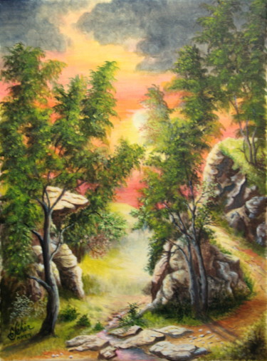 Painting titled "Le chemin des roches" by Gérard Jéhin, Original Artwork, Oil