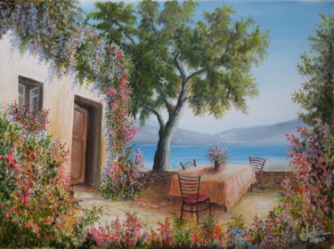 Painting titled "La terrasse au bord…" by Gérard Jéhin, Original Artwork, Oil Mounted on Wood Stretcher frame