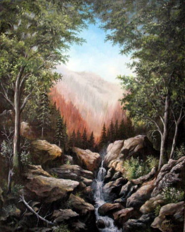 Painting titled "Le ruisseau des elf…" by Gérard Jéhin, Original Artwork, Oil Mounted on Wood Stretcher frame