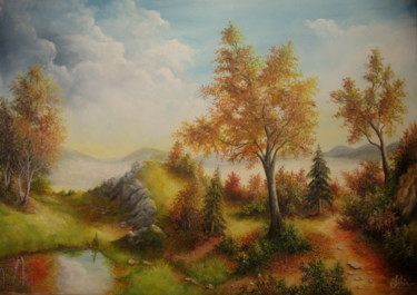 Painting titled "Au dessus des nuage…" by Gérard Jéhin, Original Artwork, Oil Mounted on Wood Stretcher frame