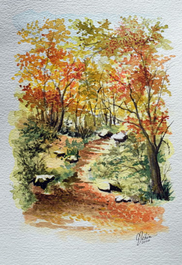 Painting titled "Le petit chemin dan…" by Gérard Jéhin, Original Artwork, Watercolor