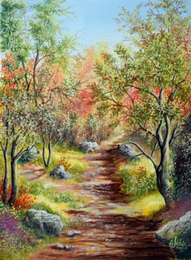 Malerei mit dem Titel "Le petit chemin d'a…" von Gérard Jéhin, Original-Kunstwerk, Öl
