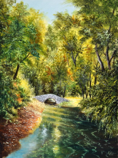 Pintura intitulada "Le vieux pont oubli…" por Gérard Jéhin, Obras de arte originais, Óleo
