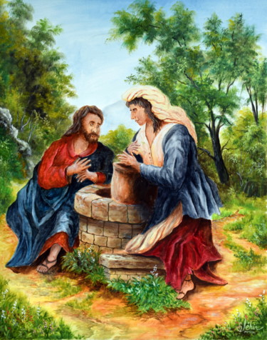 Pintura intitulada "Jésus et la Samarit…" por Gérard Jéhin, Obras de arte originais, Óleo