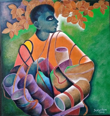 Картина под названием "Bag Seller" - Surjit Akre, Подлинное произведение искусства, Масло