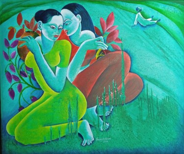 Painting titled "Sakhiyan" by Surjit Akre, Original Artwork, Oil
