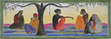 Painting titled "Evening Talk" by Surjit Akre, Original Artwork, Oil Mounted on Wood Stretcher frame