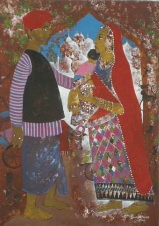Schilderij getiteld "Family" door Surjit Akre, Origineel Kunstwerk, Olie