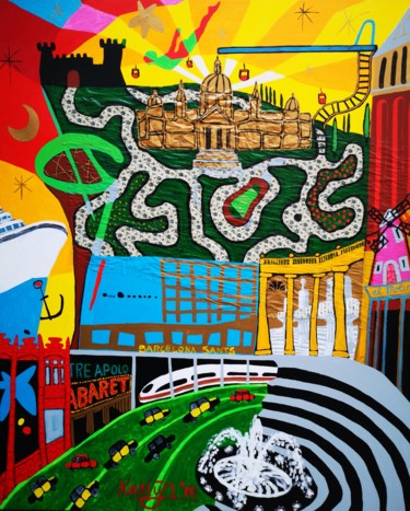 Schilderij getiteld "Barcelona Districts…" door Karlijn Surminski, Origineel Kunstwerk, Acryl Gemonteerd op Aluminium