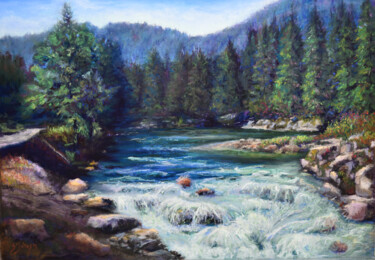 Painting titled "Rushing Waters" by Susan Frances Johnson, Original Artwork, Pastel