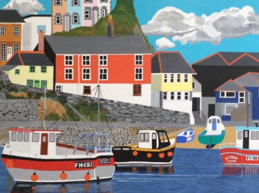 Painting titled "Mevagissey Harbour,…" by Susan J Green, Original Artwork, Acrylic Mounted on Wood Stretcher frame