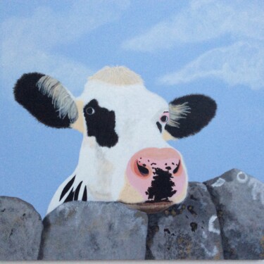 Painting titled "Cow and drystone wa…" by Susan J Green, Original Artwork, Acrylic Mounted on Wood Stretcher frame