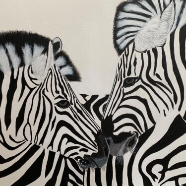 Painting titled "Zebra tete a tete" by Susan J Green, Original Artwork, Acrylic Mounted on Wood Stretcher frame